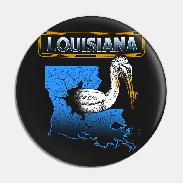 Louisiana Blue Map and Pelican Bird Pin by jaybeebrands