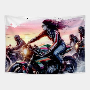 Artistic impression of a girl riding a motorcycle Tapestry