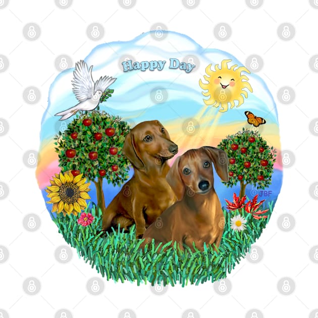 "Happy Day" with Two Brown Dachshunds by Dogs Galore and More