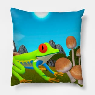 Cute Frog In A Mushroom Garden - 3D Animated y2k 2000s Computer Look Pillow