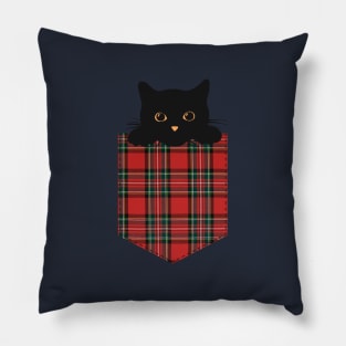 Black cat in plaid pocket Pillow