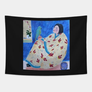 chinese girl with green parrot Tapestry