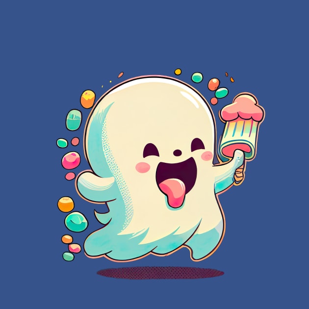 A happy kawaii cute little ghost loves ice-crea by artomix