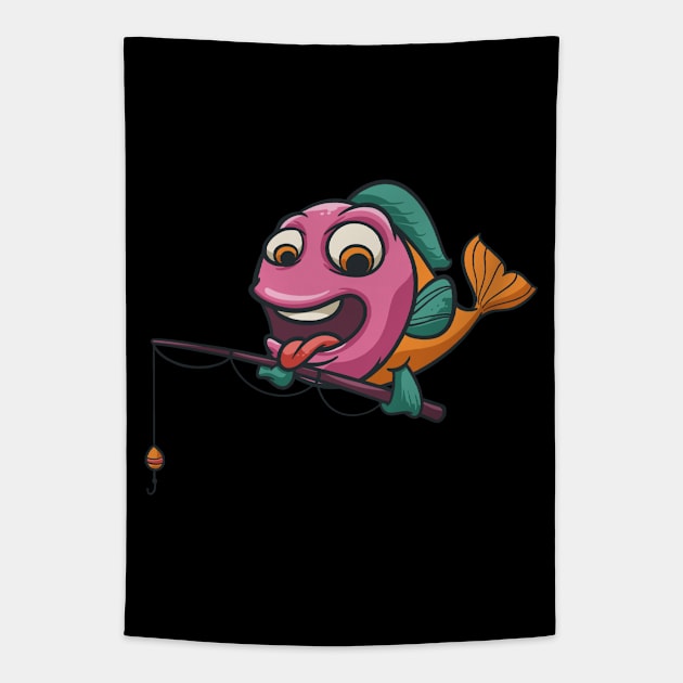 Fish Holding Fishing Rod Pole Fisherman Tapestry by fromherotozero