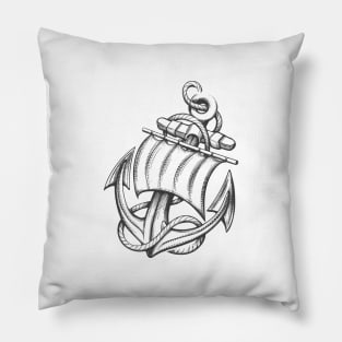 Ship Anchor with Sail and Ropes Tattoo drawn in Engraving Style. Pillow