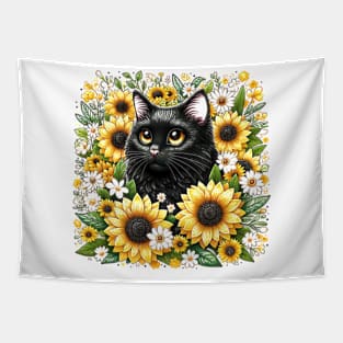 black cat encircled by white and yellow flowers Tapestry