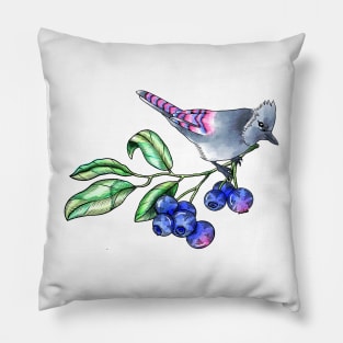 Watercolor blue jay with berries Pillow