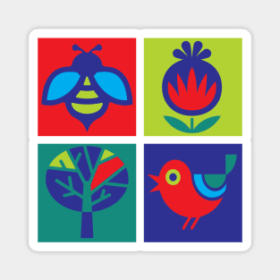 Bright, Bold Bird, Bee, Flower & A Tree Magnet