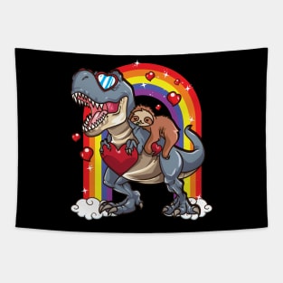 Sloth Riding Dinosaur T-Rex Red Hearts Dino Rainbow Tapestry