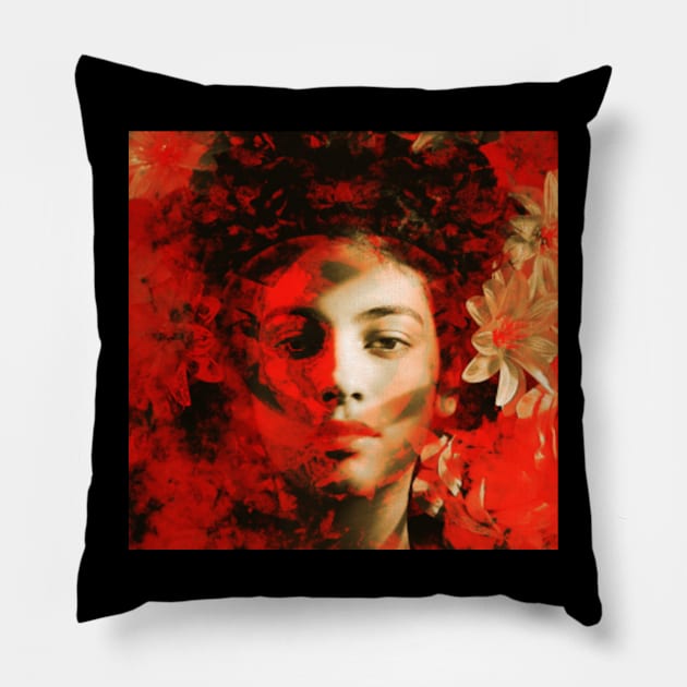 Beautiful girl face, near flowers. Red light. Sof part and rough dark part. Pillow by 234TeeUser234