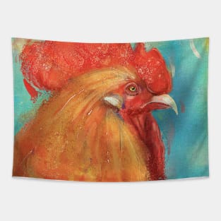 Orange Rooster Painting on Bluish Background - Vintage Style Tapestry