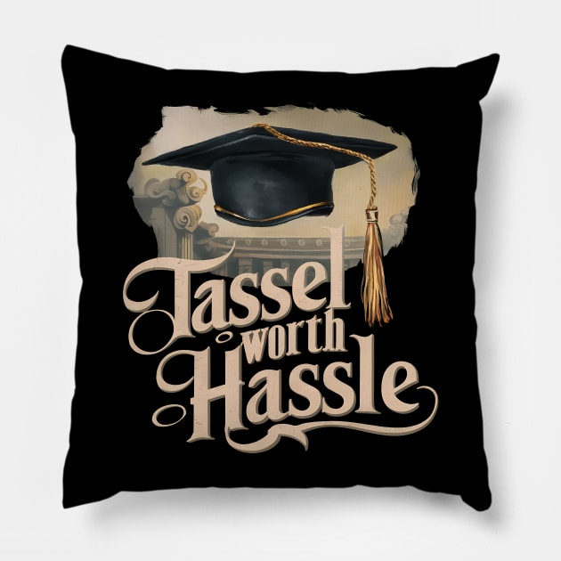 Graduation "Tassel Worth Hassle", Retro Design Pillow by RazorDesign234