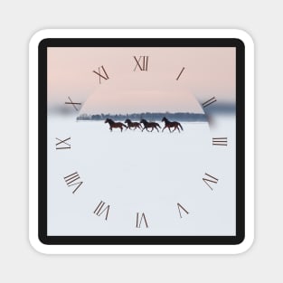 Four horses galloping on snowy paddock Magnet