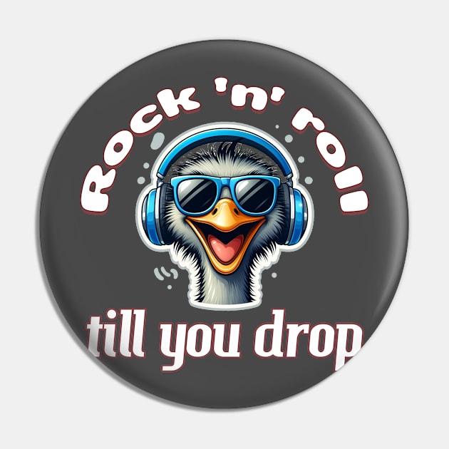 Rock 'n' roll 'till you drop: Whimsical Ostrich in Black, White, and Blue Harmony Pin by PopArtyParty