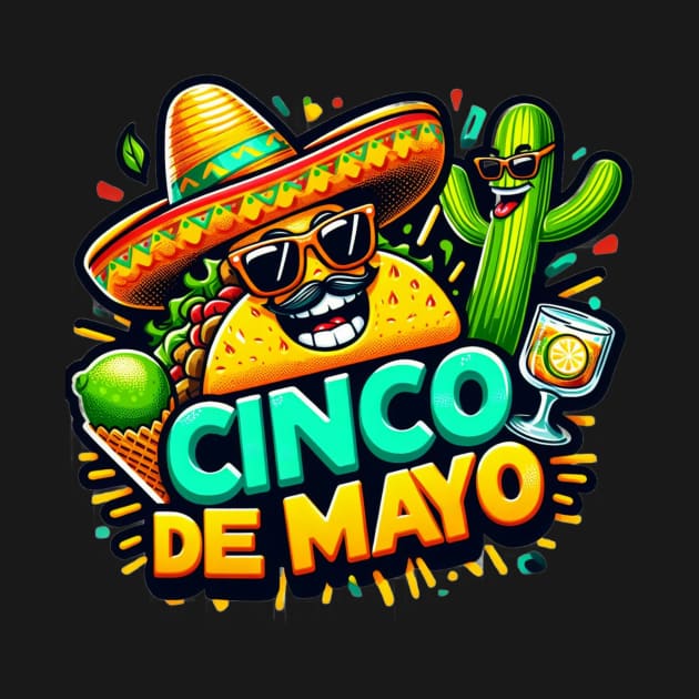 Funny Cinco De Mayo Cartoon Taco Wearing Sombrero,  Lime with Sunglasses and Dancing Cactus! by Chahrazad's Treasures