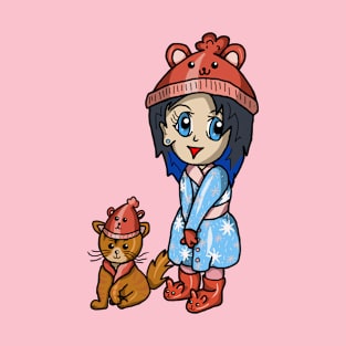 kawaii girl and her cat in matching hats T-Shirt