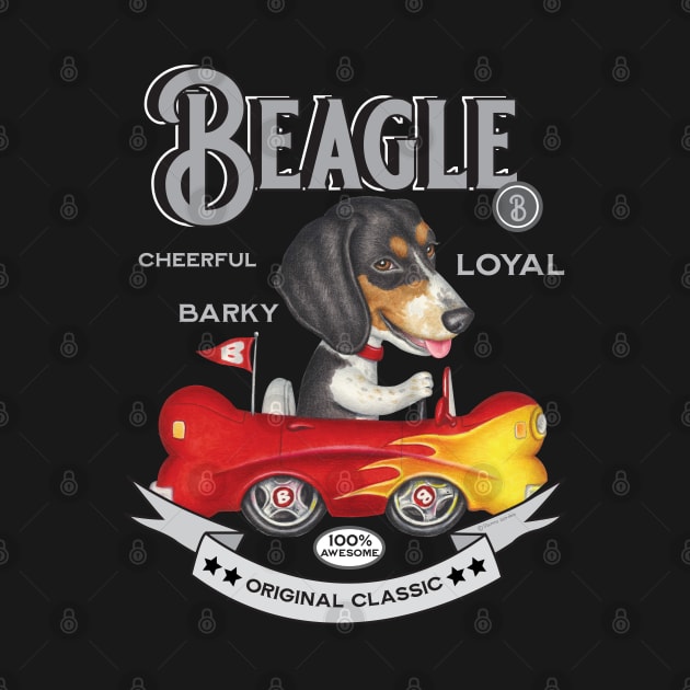 Tri-Color Beagle in Bone Flame Car by Danny Gordon Art