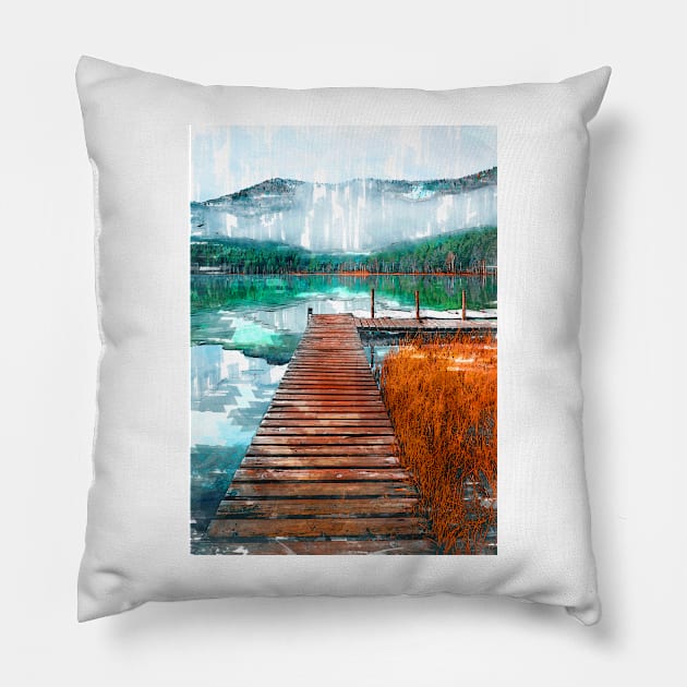 Wooden Jetty Serene Lake Pillow by ColortrixArt