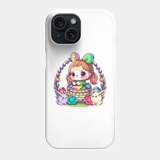 Cute Easter Bunny Girl In Basket. Spring Rainbow Flowers and Easter Eggs Phone Case