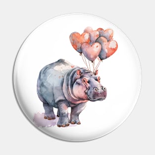 Valentine Hippopotamus Holding Heart Shaped Balloons Pin