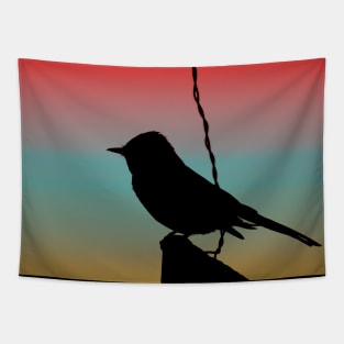 Black Phoebe on Sign Silhouette on Tuscan Sunset Tapestry