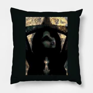 Portrait, digital collage, special processing. Beautiful but dark, like witch, woman. Tale. Yellow and gray. Pillow