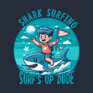 Shark Surfing -Surf's up Dude [boy riding a shark] T-Shirt