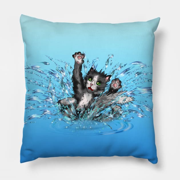 wet cat in a puddle Pillow by cuisinecat