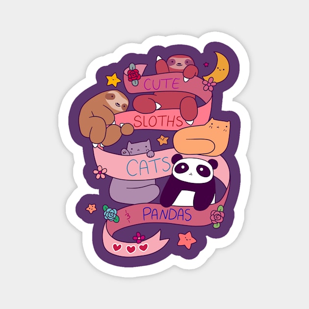 Cute Sloths Cats and Pandas Magnet by saradaboru