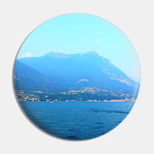 Scenery on Lake Garda with mountains and motorboat Pin