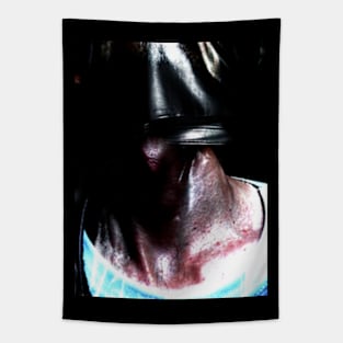 Portrait, digital collage and special processing. Neck close up. Strong guy in leather mask. High contrast. Tapestry