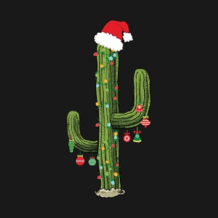 Cactus Christmas Tree Lights Wearing Santa Hat T-Shirt