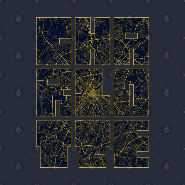 Charlotte, USA City Map Typography - Gold Art Deco by deMAP Studio