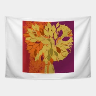 Tree, fall leaves orange plum gold red, fiber art textile photography mixed media digital Tapestry