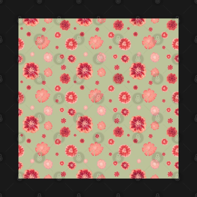 Red flowers on sage green pattern by andreeadumez