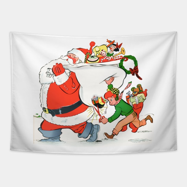 A boy cuts Santa's gift bag with scissors to steal toys on Merry Christmas night in the snow Retro Vintage Comic Cartoon Tapestry by REVISTANGO