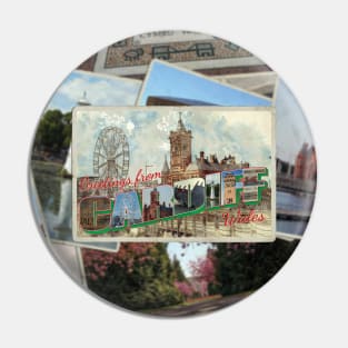 Greetings from Cardiff in Wales Vintage style retro souvenir Pin