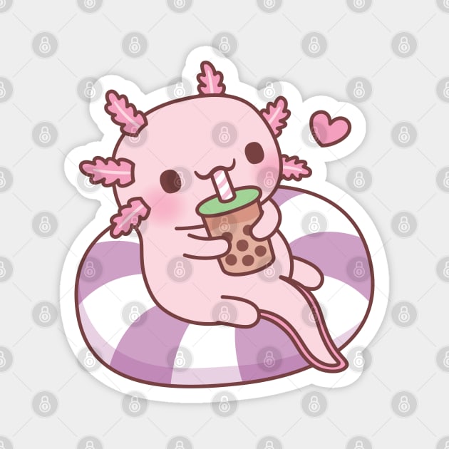 Cute Axolotl Chilling On Unicorn Pool Float Drinking Bubble Tea