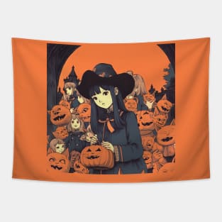 Halloween Girl in hat with Pumpkin Tapestry