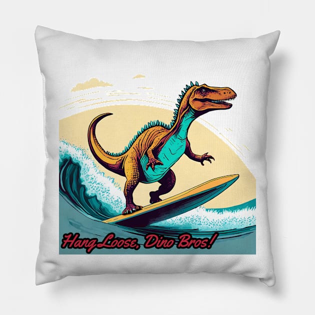 Dinosaur Surfing Funny Pillow by sovadesignstudio