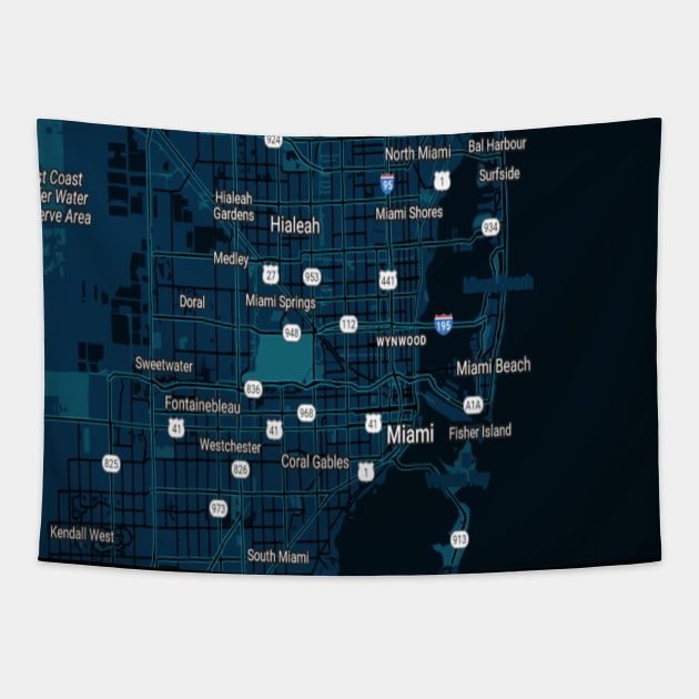 Miami dark blue map Tapestry by Mapmania