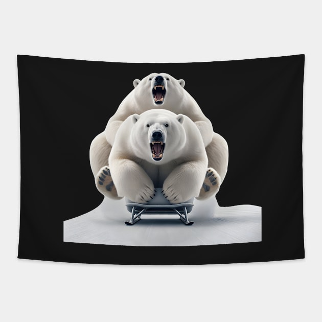 Polar bear Steve and friend in a bobsled Tapestry by Ingridpd