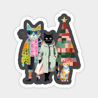 modern cat and family Christmas Magnet
