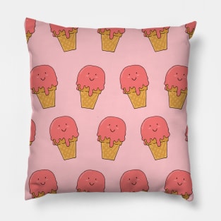 Cute Strawberry Ice Cream in Cone with Smiley Face Pink Pattern Pillow