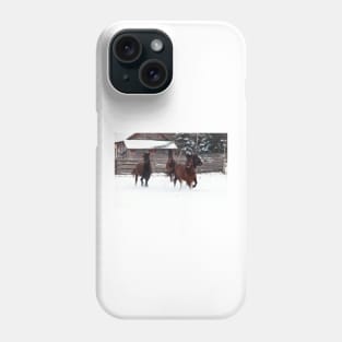 Four horses galloping on winter paddock Phone Case