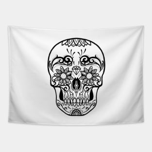 Sugar Skull Black and White Line Drawing Tapestry