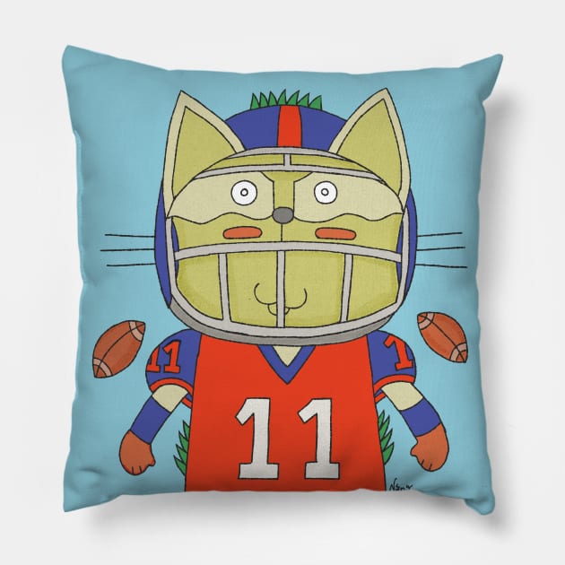 Cat Goof Football Player Number Eleven Geared Up Pillow by Ananamorph Art @PeculiarPeaks Nana Totem Wolfe