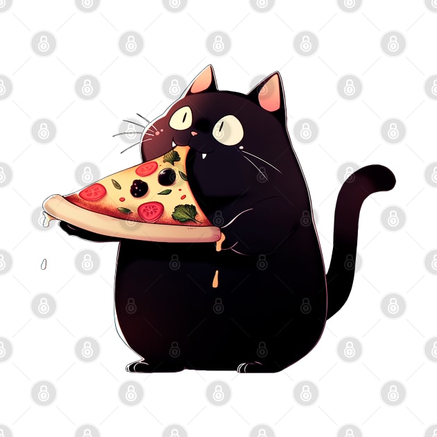 Black fat cat eats pizza by Chromatic Currents