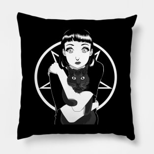 Goth GIrl Black Cat Pentagram Pillow