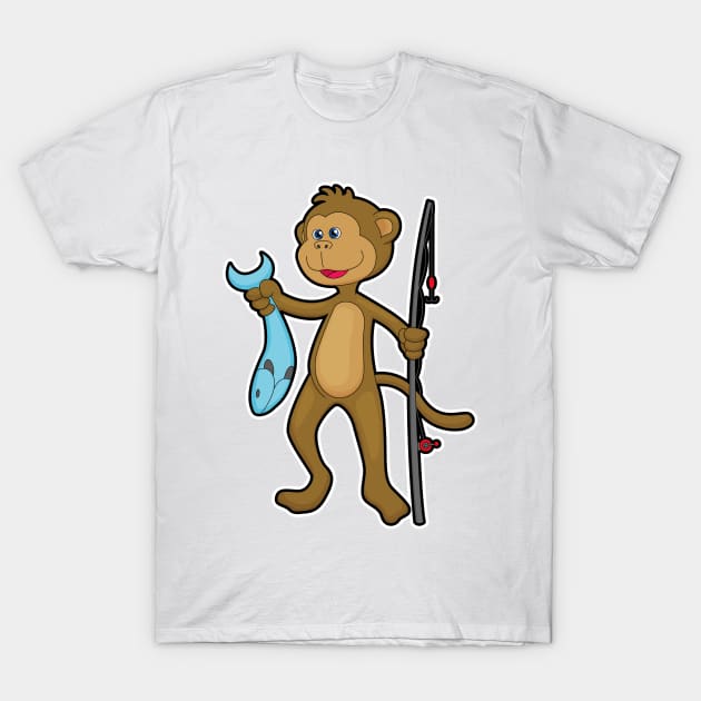 Monkey at Fishing with Fishing Rod & Fish T-Shirt
